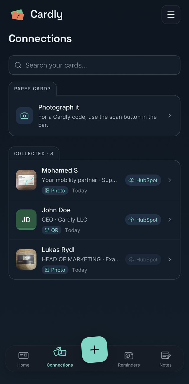 Cardly connections: cards collected by QR code and by photographing paper cards, ready to send to HubSpot