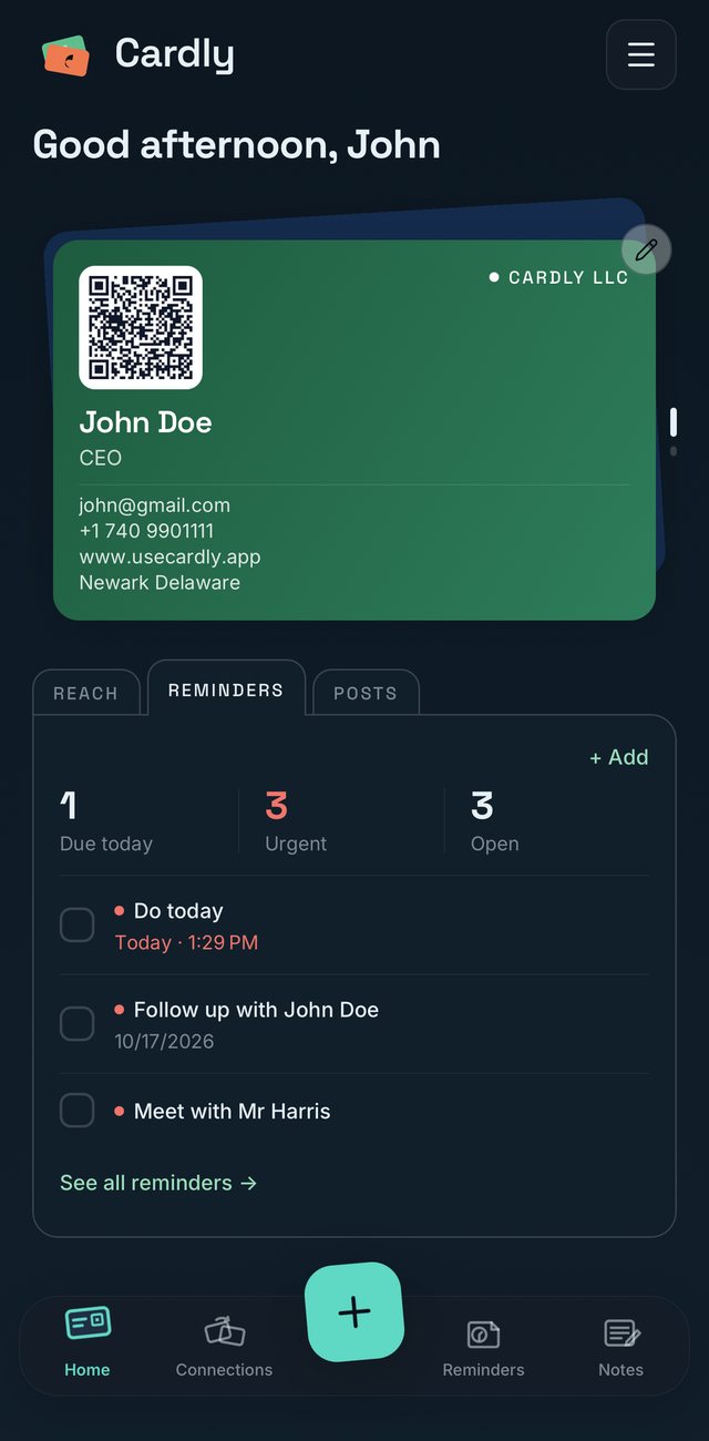 Cardly home screen with a business card, its QR code and a follow-up reminder