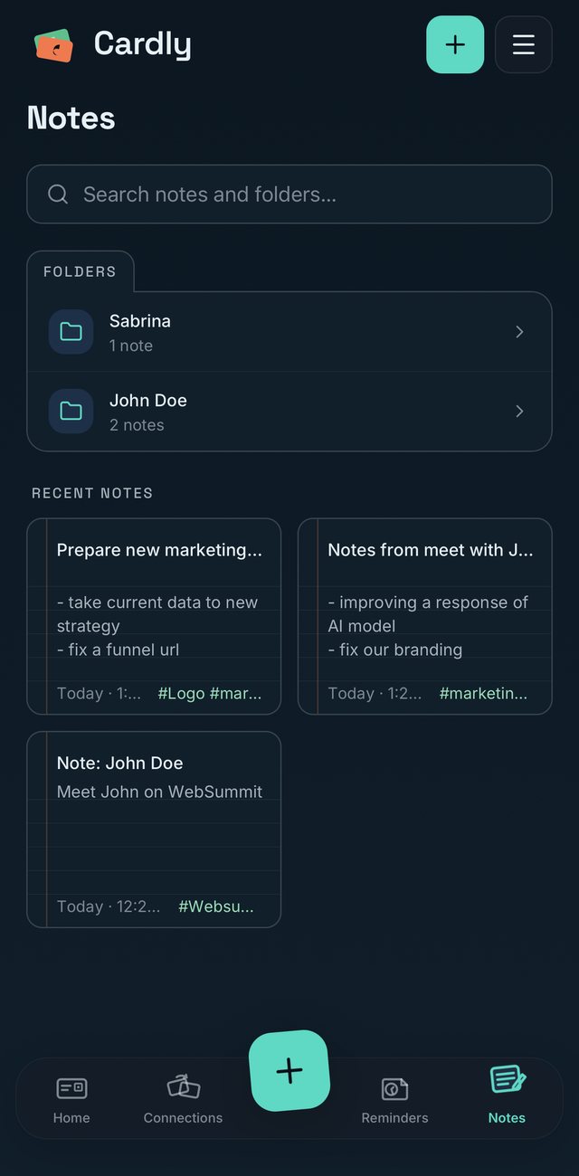 Cardly notes: a folder for John Doe and a note about meeting him at Web Summit