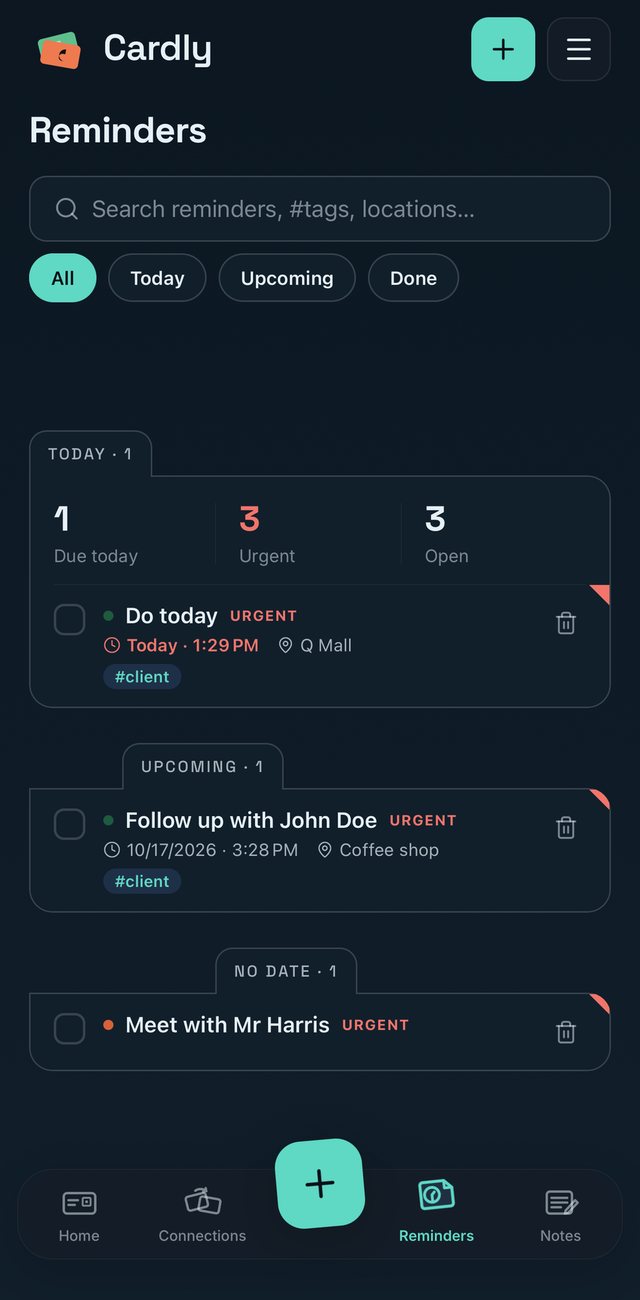 Cardly reminders: an urgent follow-up with John Doe at a coffee shop, tagged #client