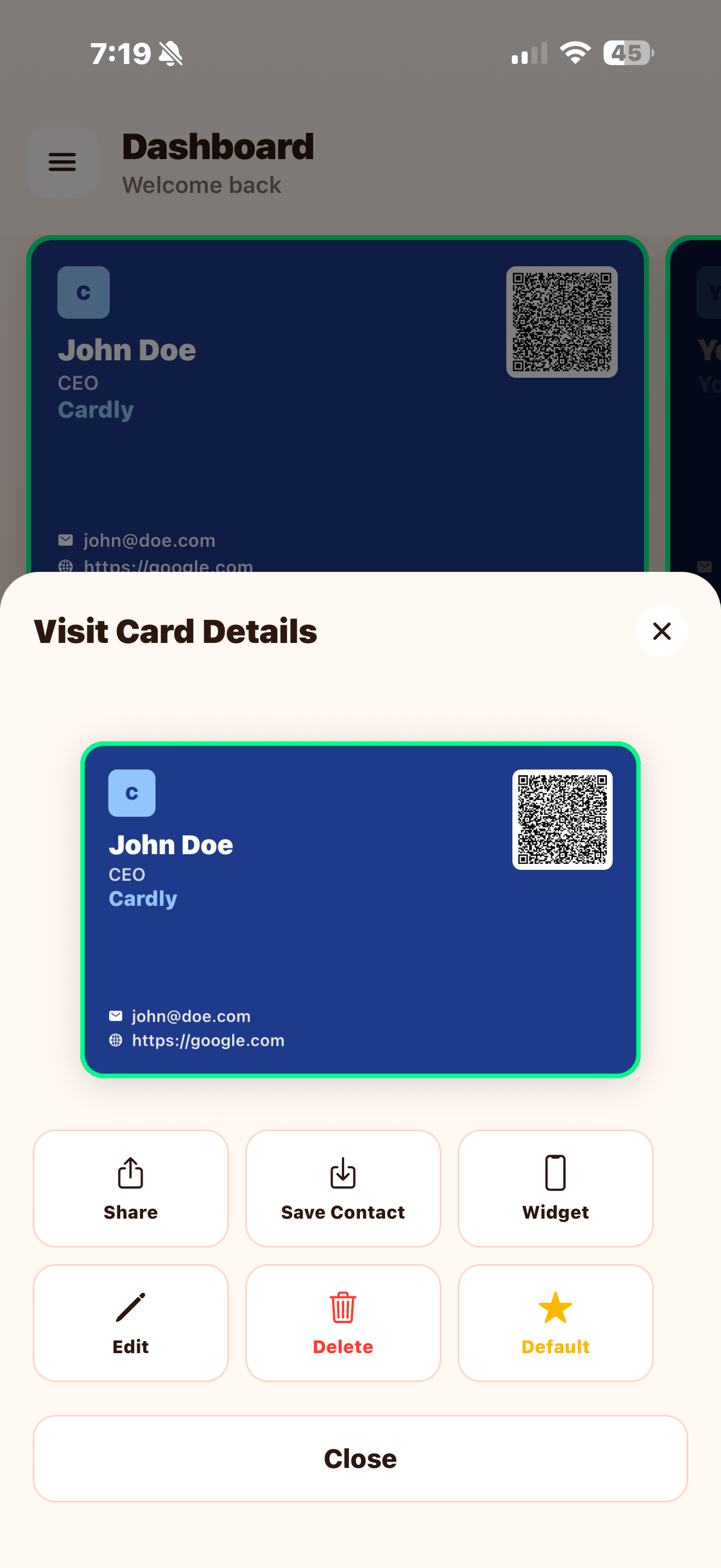 Card details sheet with Share, Save Contact, Widget, Edit, Delete, and Default actions