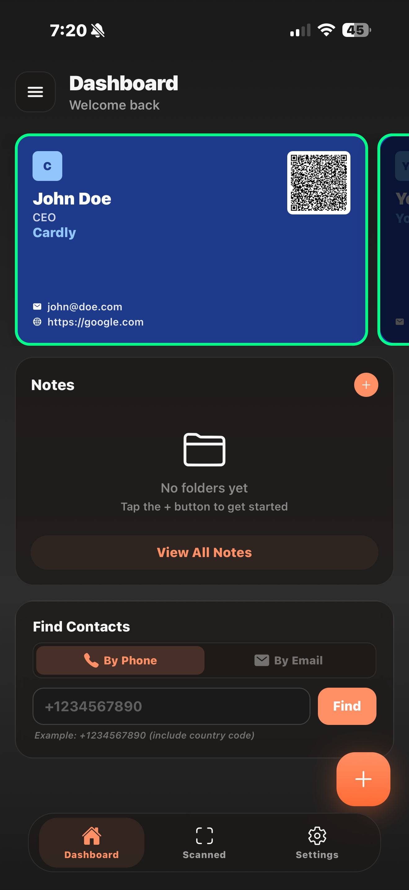 Cardly dashboard in dark mode