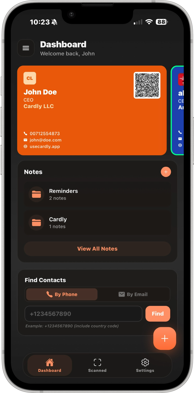Cardly app shown on a phone