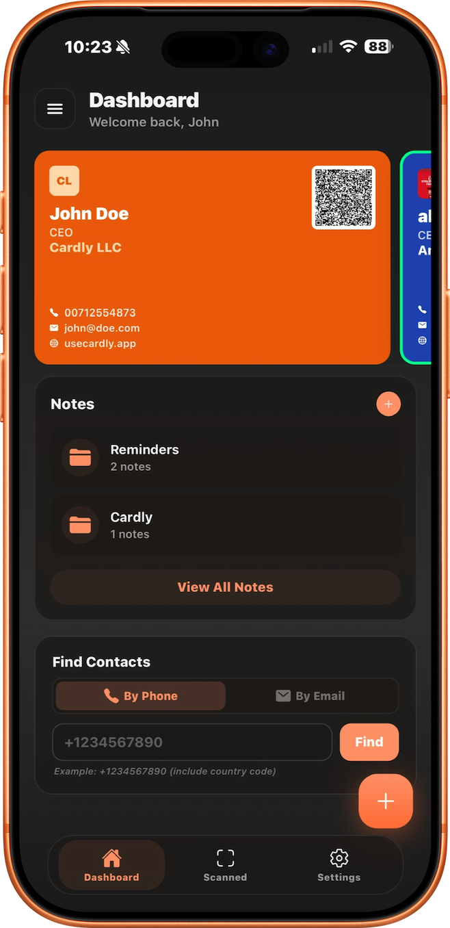 Cardly dark mode dashboard shown on a phone