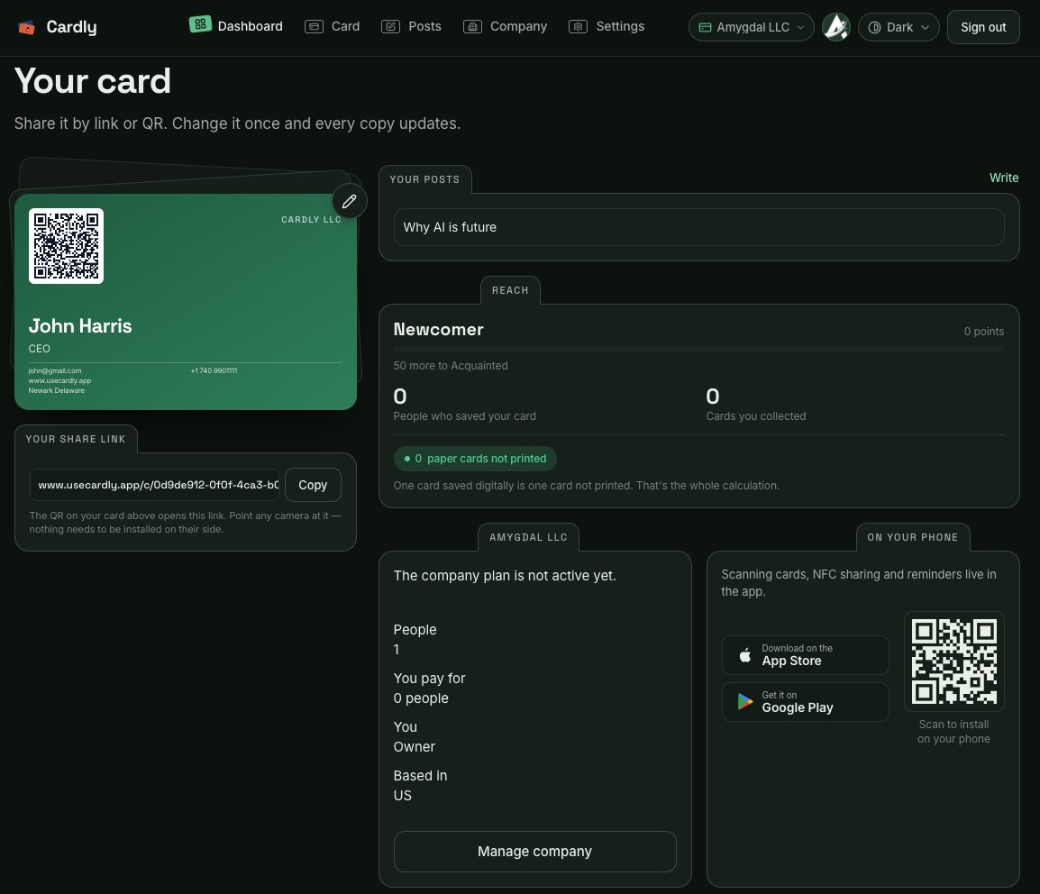 The Cardly web dashboard: your card with its QR code, share link, posts, reach and company